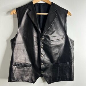 Vtg Lauren Ralph Lauren Black Leather Vest Womens L Grunge Moto Biker Western